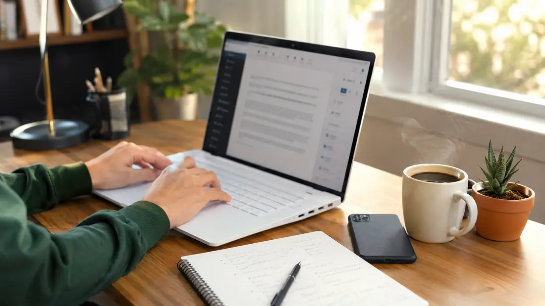 A blogger types on a laptop showing an article editor, with a notebook, coffee mug, smartphone, and small succulent on a sunlit wooden desk