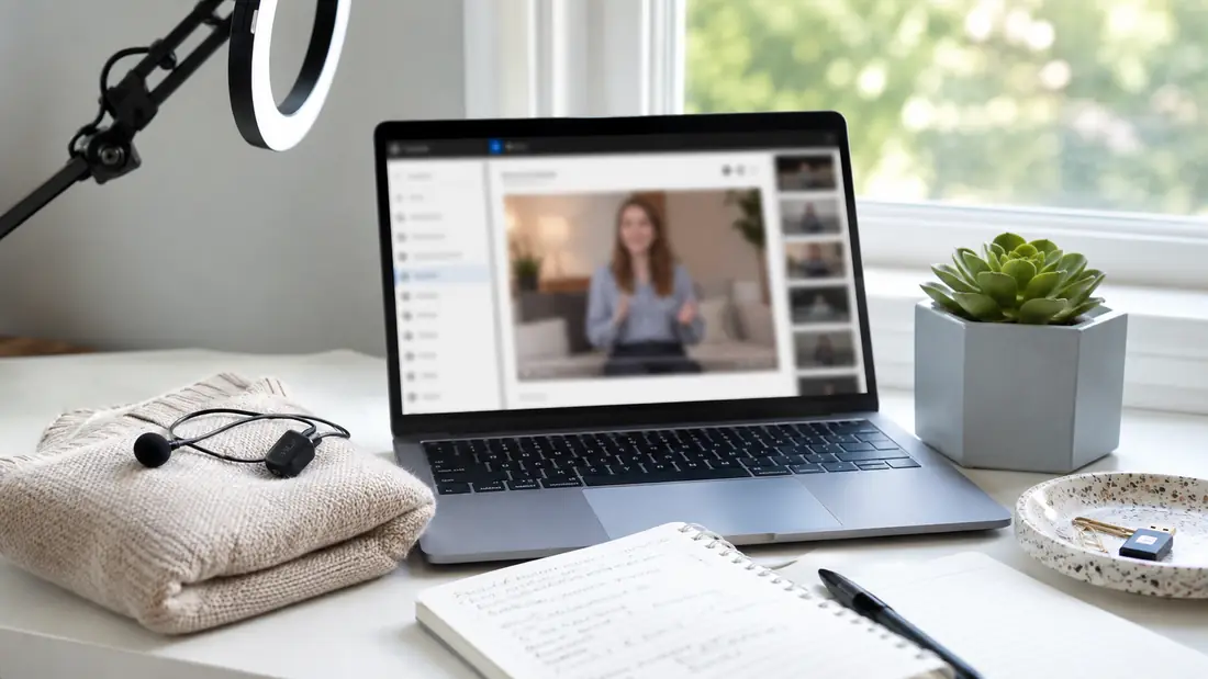 A course creator's workspace with a laptop showing a course module interface, lavalier microphone, external ring light arm, notebook with module outlines, terrazzo dish with paperclips and thumb drive, and a succulent in a hexagonal pot on a sunlit white desk
