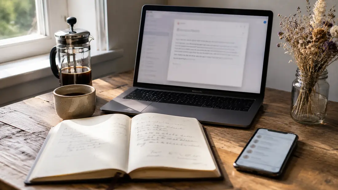 A newsletter creator's morning workspace with a laptop showing an email composer, a French press of coffee, an open journal of subscriber notes, a smartphone showing an inbox, and a small bouquet of dried flowers in a glass jar on a sunlit desk