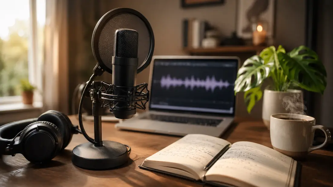 A podcaster's recording workspace with a condenser microphone, pop filter, studio headphones, laptop showing an audio waveform, notebook with episode bullet points, coffee, and a monstera plant