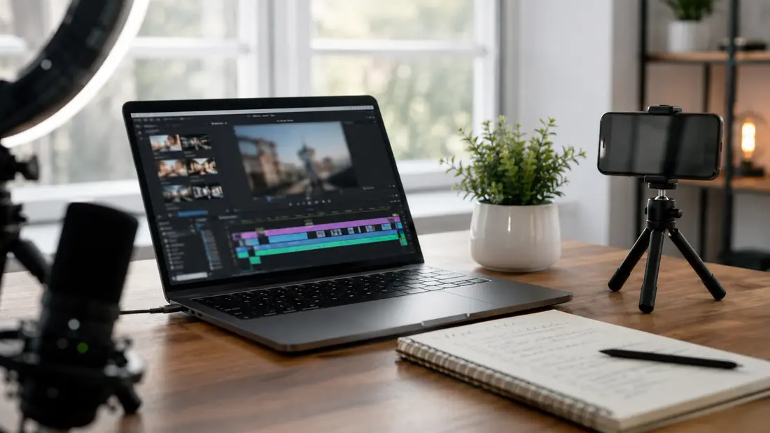 A YouTube creator's home workspace with a laptop showing a video editor, a smartphone on a small tripod, a notepad with shot-list bullets, and a small plant on a sunlit desk