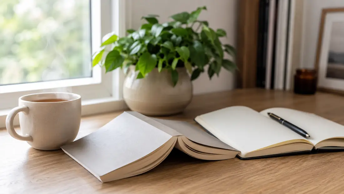 Bright modern reading nook with open paperback novel, cream mug of tea, softcover notebook with pen, and a leafy plant on a sunlit wooden desk