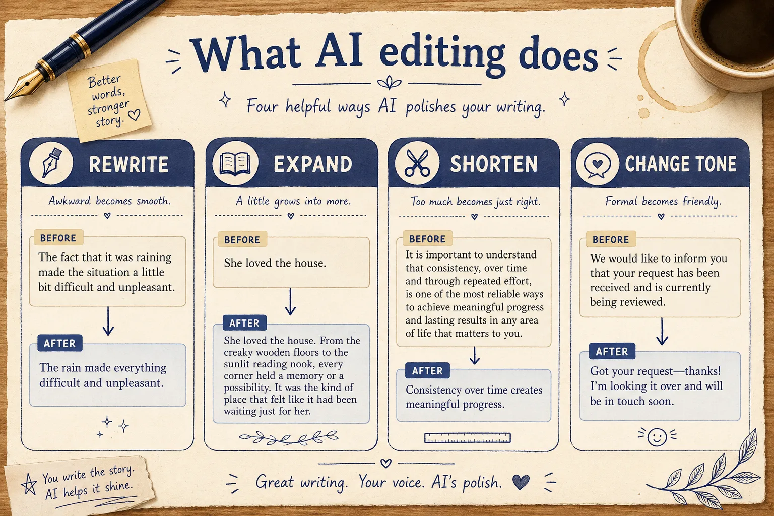 Infographic titled What AI editing does, showing four ways the Inkfluence AI book editor polishes writing with real before and after examples: Rewrite turns an awkward sentence smooth, Expand grows one line into a fuller paragraph, Shorten trims a long passage to a tight sentence, and Change Tone turns a formal line warm and friendly.