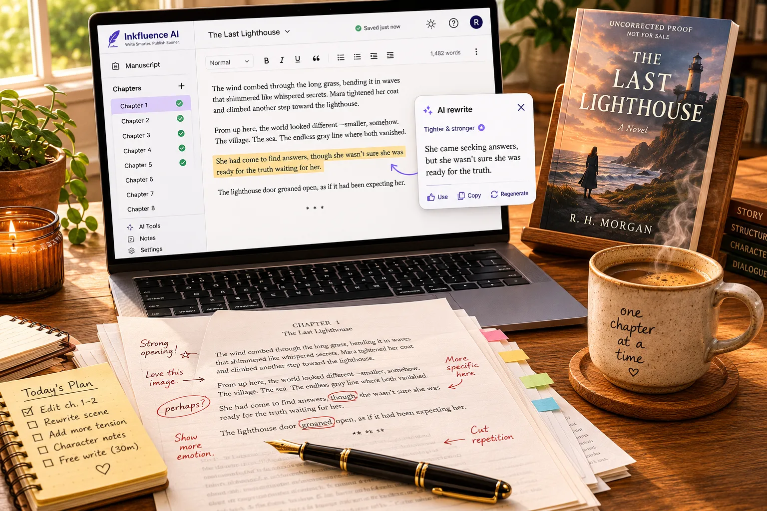 The Inkfluence AI book editor open on a laptop in warm light, editing a novel titled The Last Lighthouse: a chapter sidebar with the first five chapters checked off, a highlighted sentence beside an AI rewrite card showing a tighter version, marked-up manuscript pages with handwritten editing notes, a paperback proof, and a stoneware coffee mug reading one chapter at a time.