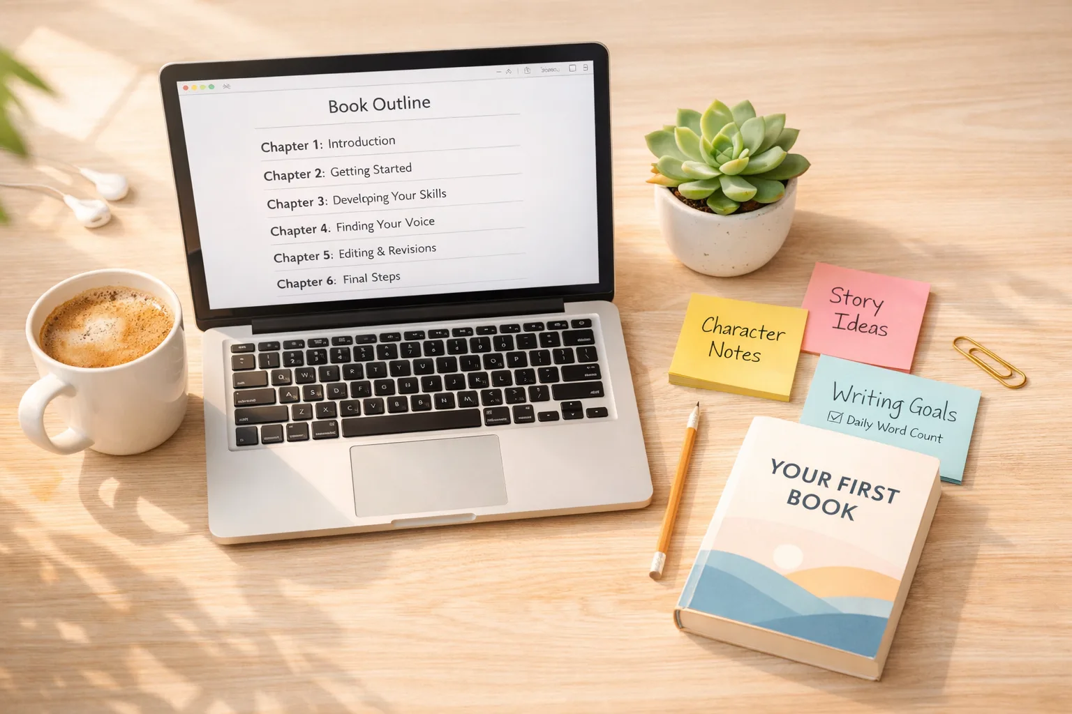 Beginner-friendly book writing workspace with laptop showing a chapter outline, sticky notes, coffee, and a first book