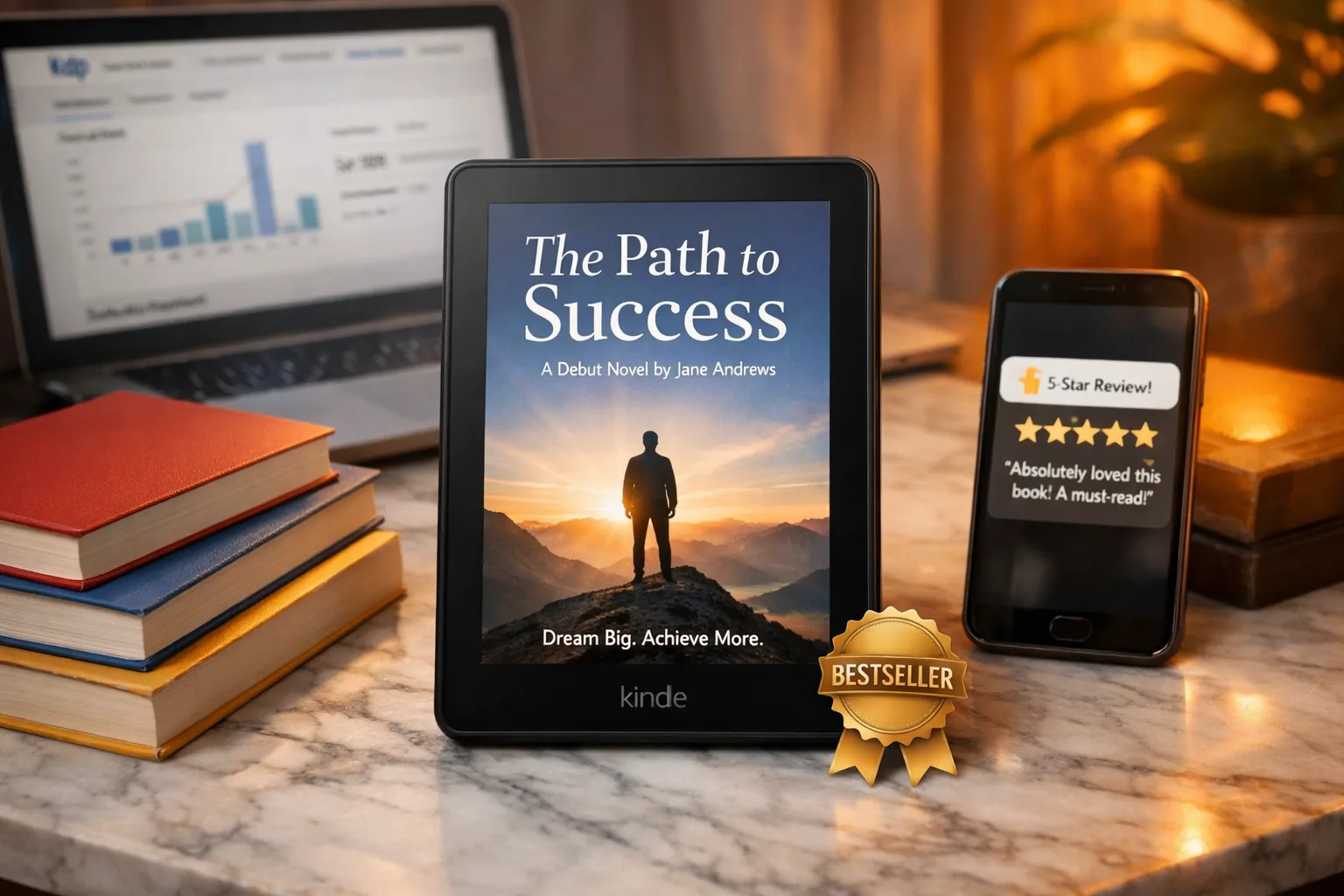 Kindle e-reader displaying a published book beside a laptop with KDP dashboard, paperbacks, and a bestseller badge
