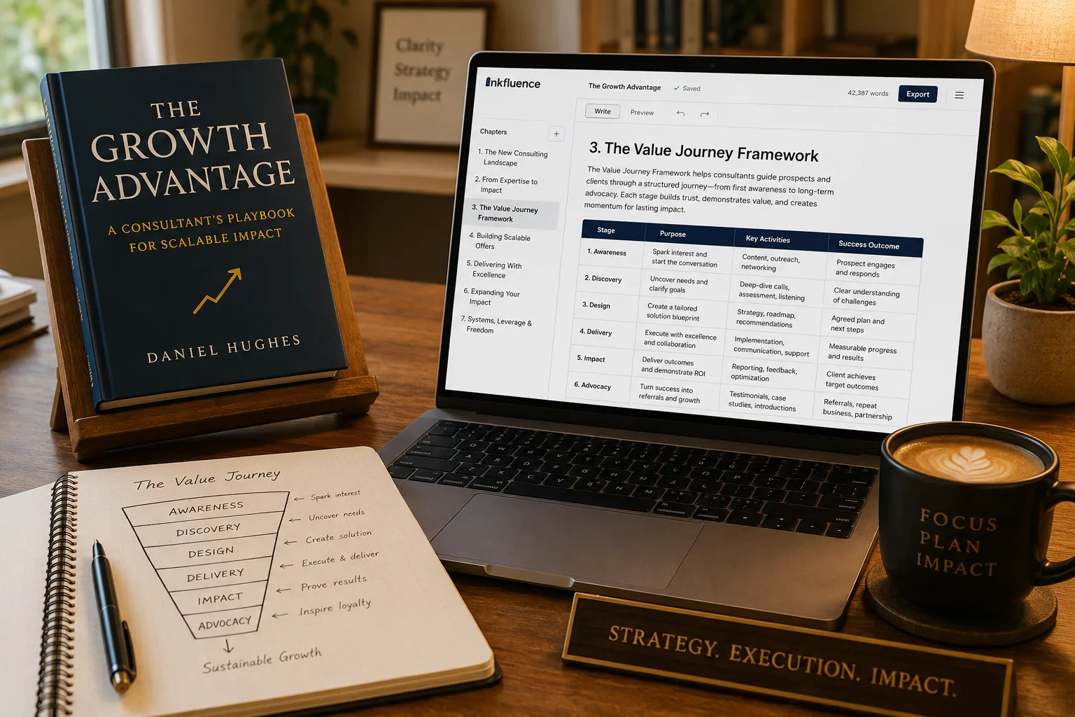 A consultant's desk in warm light: a navy hardcover business book titled The Growth Advantage, A Consultant's Playbook for Scalable Impact by Daniel Hughes on a wooden stand, a laptop showing the Inkfluence editor with the chapter The Value Journey Framework and a labeled stage table, a notebook with a hand-drawn Value Journey funnel, and a coffee mug reading Focus Plan Impact.