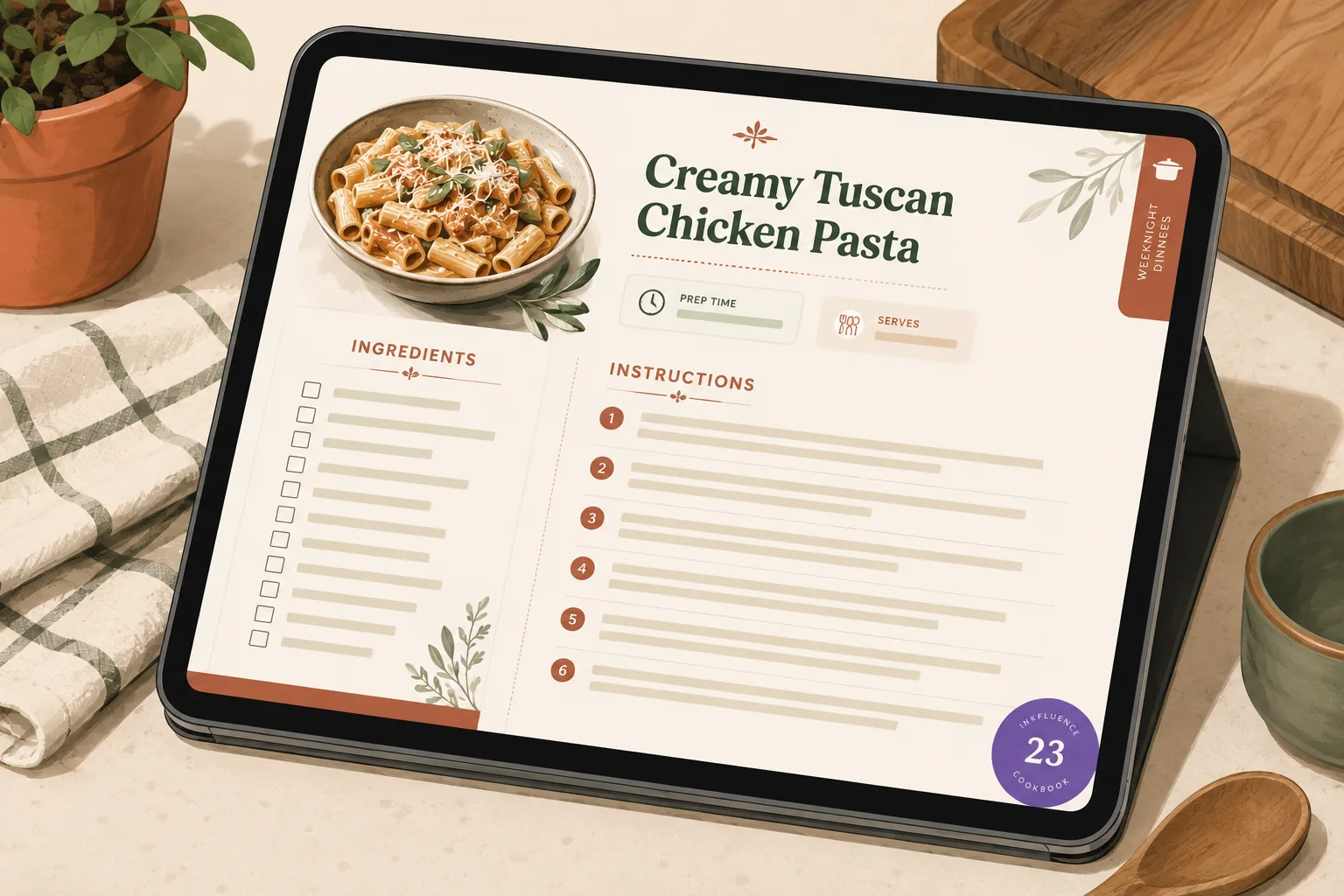 Recipe page from a digital cookbook generated by Inkfluence AI, shown on a tablet. Creamy Tuscan Chicken Pasta with ingredient checklist, six numbered instructions, and a Weeknight Dinners chapter tag.