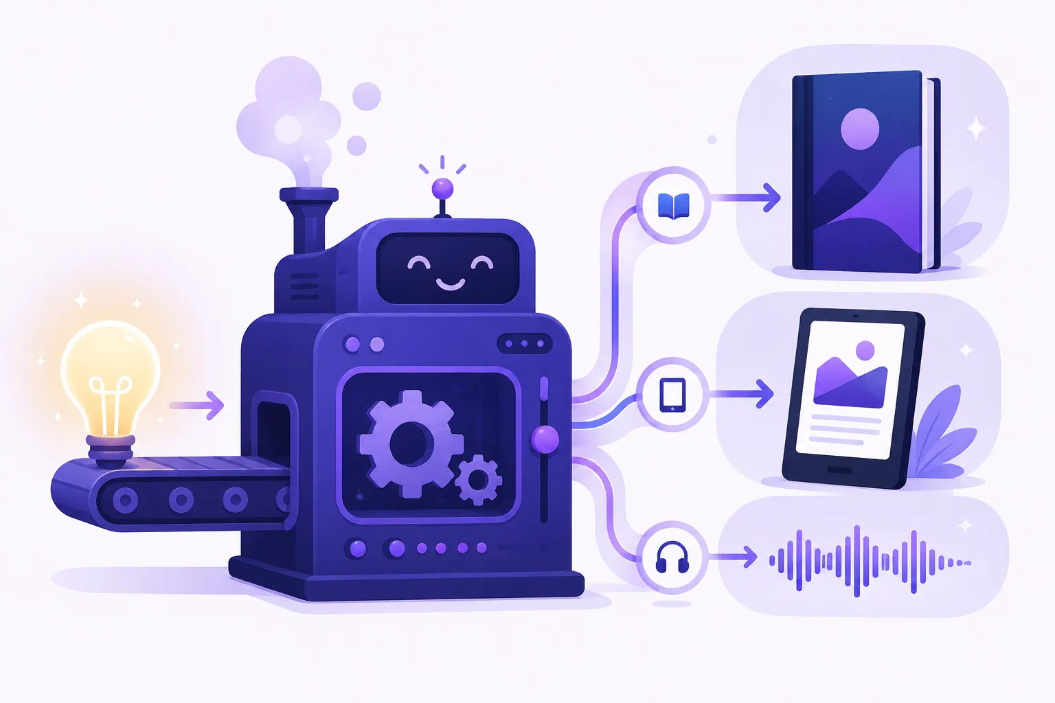 Illustration of the Inkfluence AI ebook maker as a friendly machine: a glowing lightbulb idea travels in on a conveyor belt on the left, and three finished products come out on the right, a hardcover book, an e-reader showing a book page, and an audiobook sound wave, all in indigo and violet.