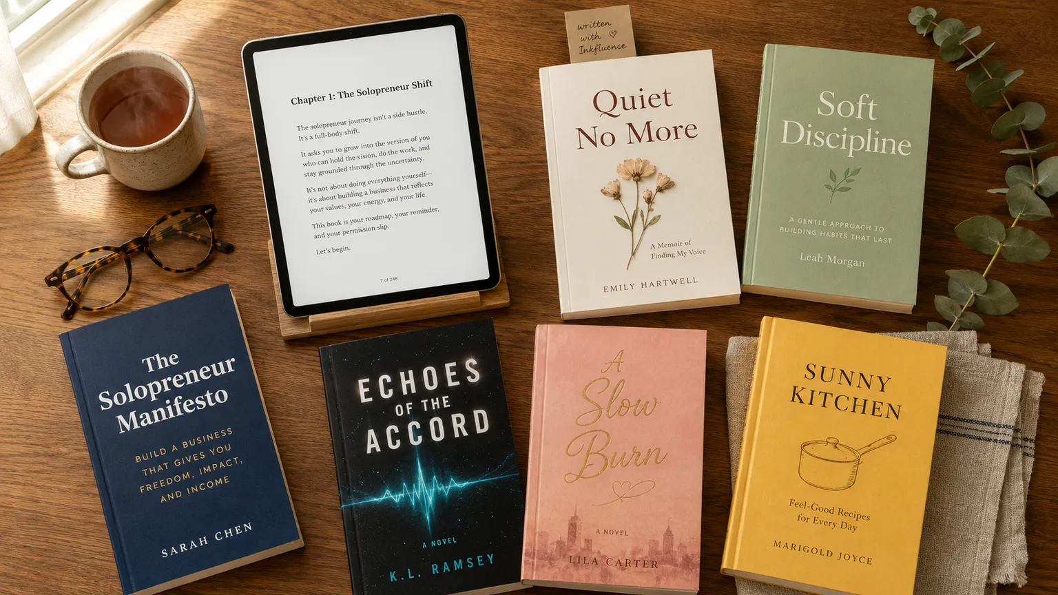 A top-down flatlay on a warm oak table of six finished books written with Inkfluence AI, each a different genre with a distinct cover: The Solopreneur Manifesto by Sarah Chen (deep indigo business book), Quiet No More by Emily Hartwell (cream memoir with a pressed-flower motif), Soft Discipline by Leah Morgan (sage-green self-help book), Echoes of the Accord by K.L. Ramsey (black sci-fi novel with a cyan signal-wave line), A Slow Burn by Lila Carter (blush-pink romance novel with gold script), and Sunny Kitchen by Marigold Joyce (yellow cookbook with a line-drawn saucepan). A tablet on a wooden stand shows Chapter 1 of The Solopreneur Manifesto open mid-read. A kraft-paper bookmark reads written with Inkfluence. Tortoiseshell reading glasses, a stoneware mug of tea, a sprig of eucalyptus, and folded linen napkins complete the cozy reading nook.