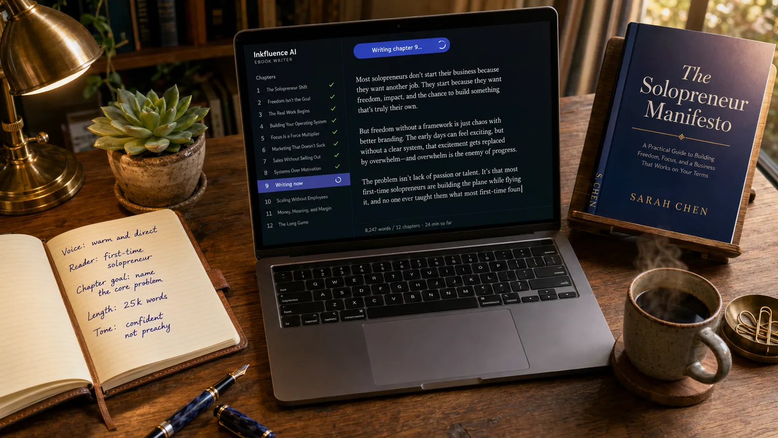 A writer's desk in golden afternoon light. A 13-inch laptop in dark mode displays the Inkfluence AI Ebook Writer mid-chapter: a chapter list of 12 chapters on the left (chapters 1-8 marked complete with green checkmarks, chapter 9 highlighted in indigo as Writing now), three paragraphs of business-book prose in the editor pane ending mid-word at a blinking cursor, an indigo Writing chapter 9 status pill at the top of the editor, and a word counter at the bottom reading 8,247 words across 12 chapters in 24 minutes of writing time. To the left of the laptop: a leather Moleskine notebook with a handwritten ebook brief in indigo fountain pen ink reading Voice warm and direct, Reader first-time solopreneur, Chapter goal name the core problem, Length 25k words, Tone confident not preachy. To the right: a printed paperback proof on a wooden book stand titled The Solopreneur Manifesto by Sarah Chen, A Practical Guide to Building Freedom Focus and a Business That Works on Your Terms, with a clean indigo gradient cover. A stoneware coffee mug with steam rising, a green succulent in a clay pot, a fountain pen lying mid-stroke, and a brushed brass paperclip holder complete the indie author writing studio scene.