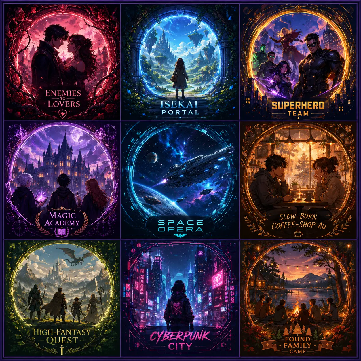 A grid of original genre worlds shown as glowing portal-covers: enemies-to-lovers romance, isekai portal, a superhero team, a magic academy, space opera and more, representing the range of fandoms the generator writes.