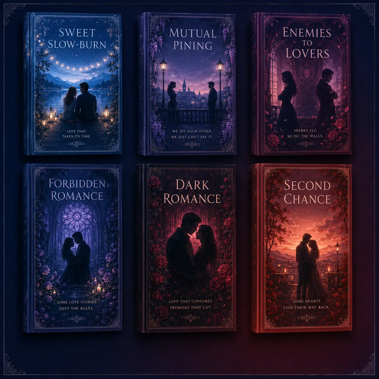 A grid of original romance covers arranged from sweet to steamy, with a soft heat gradient from cool blue to warm crimson, representing the range of tone the free generator writes.