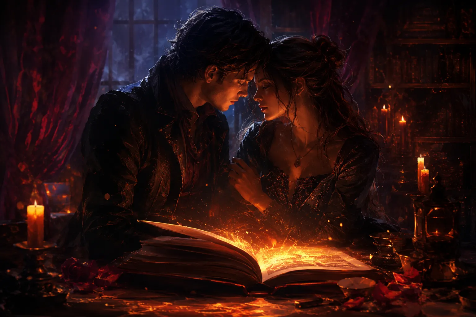 An open glowing book on a dark desk lit by warm candlelight, with soft silhouettes of two original characters leaning close, representing a free AI fanfiction generator that handles mature romantic themes tastefully.