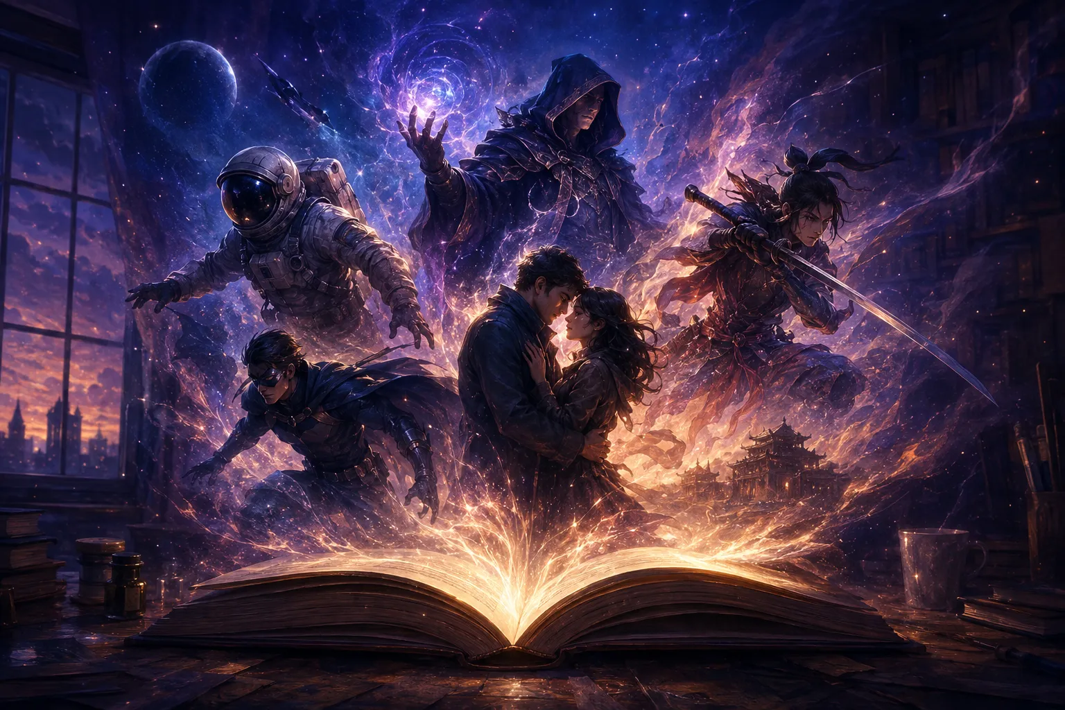 An open glowing book on a desk from which original characters from many genres emerge like light: a hooded mage, a spacesuited explorer, a caped vigilante and a couple mid-embrace, representing an AI fanfiction generator that writes for any fandom.