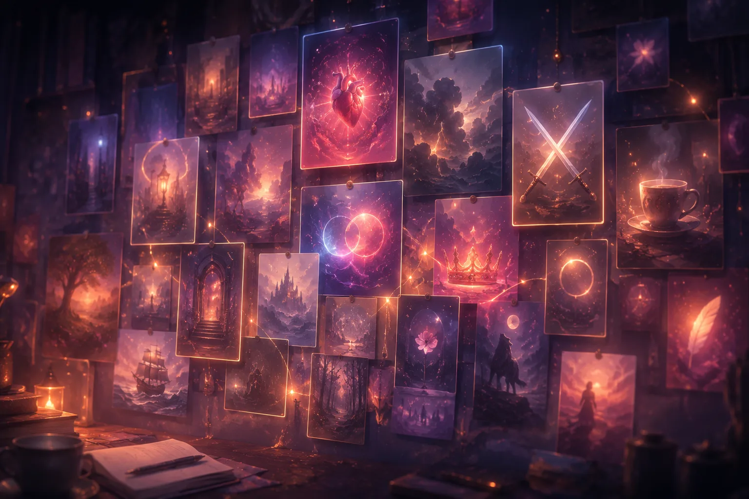 A softly glowing board of floating story-idea cards, each showing a different fanfic seed like a storm, a crown, or a soulmate mark, representing an endless supply of fanfiction prompts.