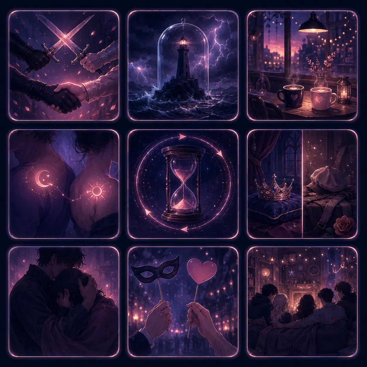 A grid of glowing story-spark tiles, from enemies to lovers to hurt/comfort, coffee-shop AU and found family, representing the range of fanfic prompt vibes the generator writes.