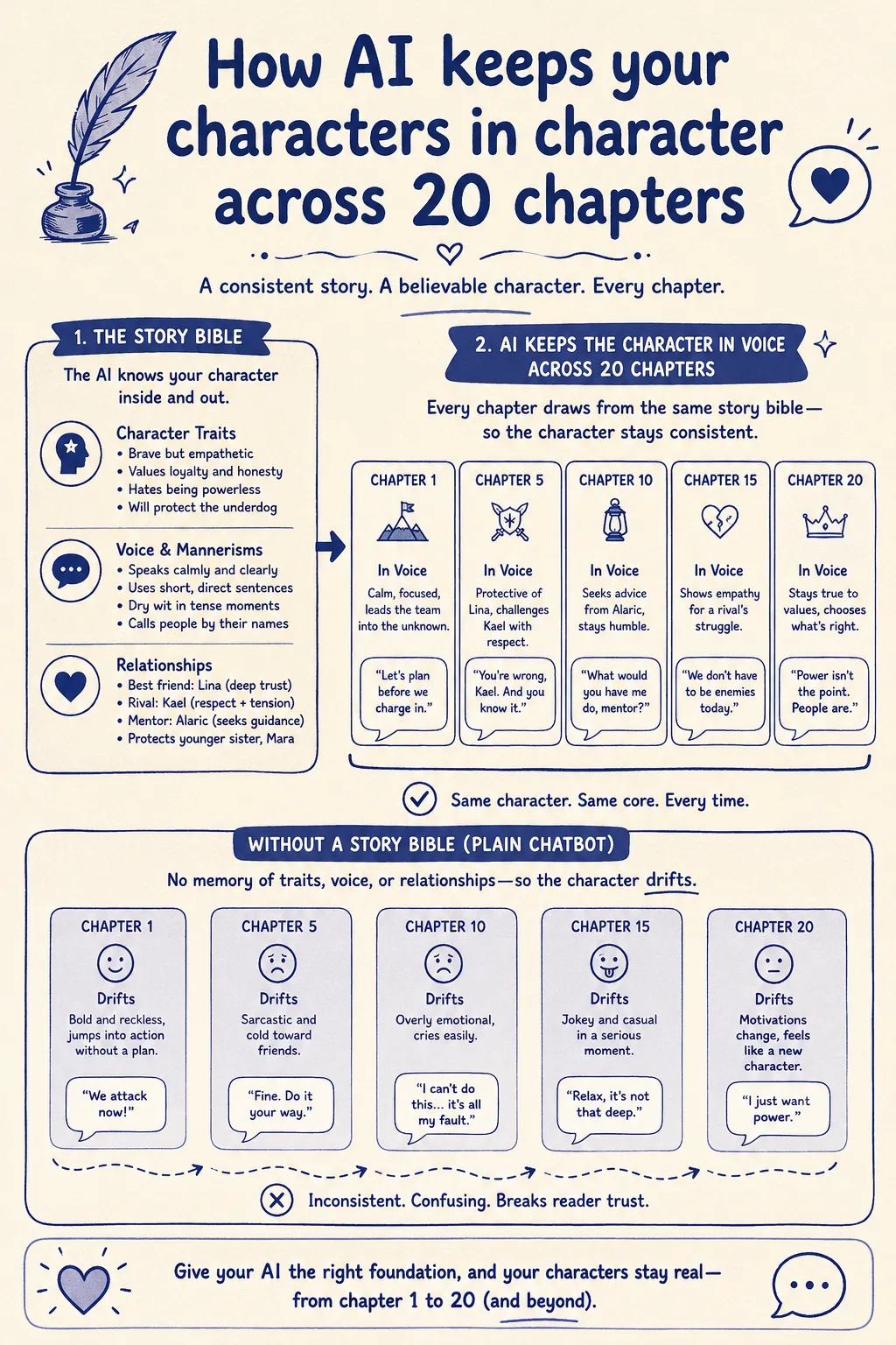 Infographic titled How AI keeps your characters in character across 20 chapters, showing a story bible of traits, voice and relationships feeding chapters that stay in voice, versus a plain chatbot whose character drifts chapter to chapter.