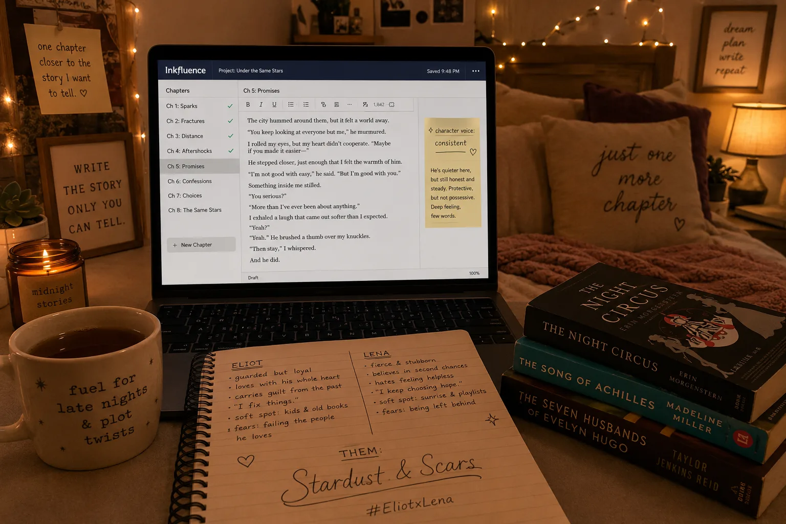 A cosy bedroom writing nook in warm fairy-light glow: a laptop showing the Inkfluence editor mid-fanfic, a project called Under the Same Stars open to Chapter 5 with in-character dialogue and a margin note reading character voice: consistent, beside a spiral notebook of handwritten character notes for Eliot and Lena, a starry mug, and a stack of well-loved paperbacks.