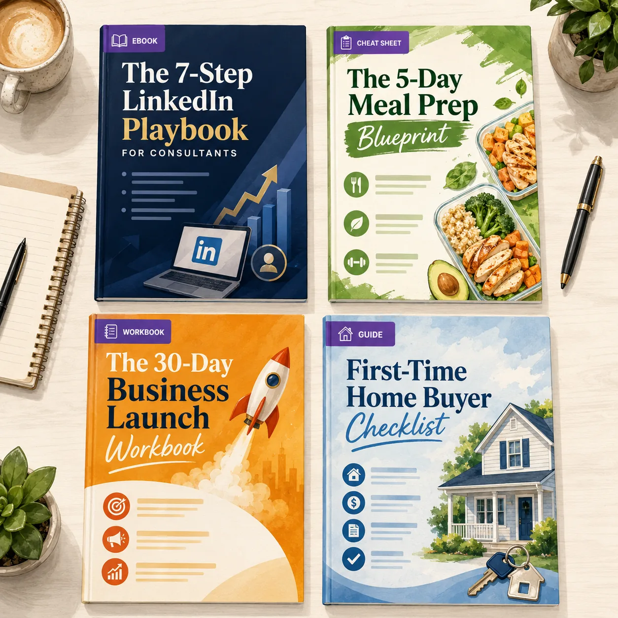 Four finished lead magnet covers generated by Inkfluence AI on a desk, each tailored to a different audience: an ebook (The 7-Step LinkedIn Playbook for Consultants), a cheat sheet (The 5-Day Meal Prep Blueprint), a workbook (The 30-Day Business Launch Workbook), and a guide (First-Time Home Buyer Checklist).