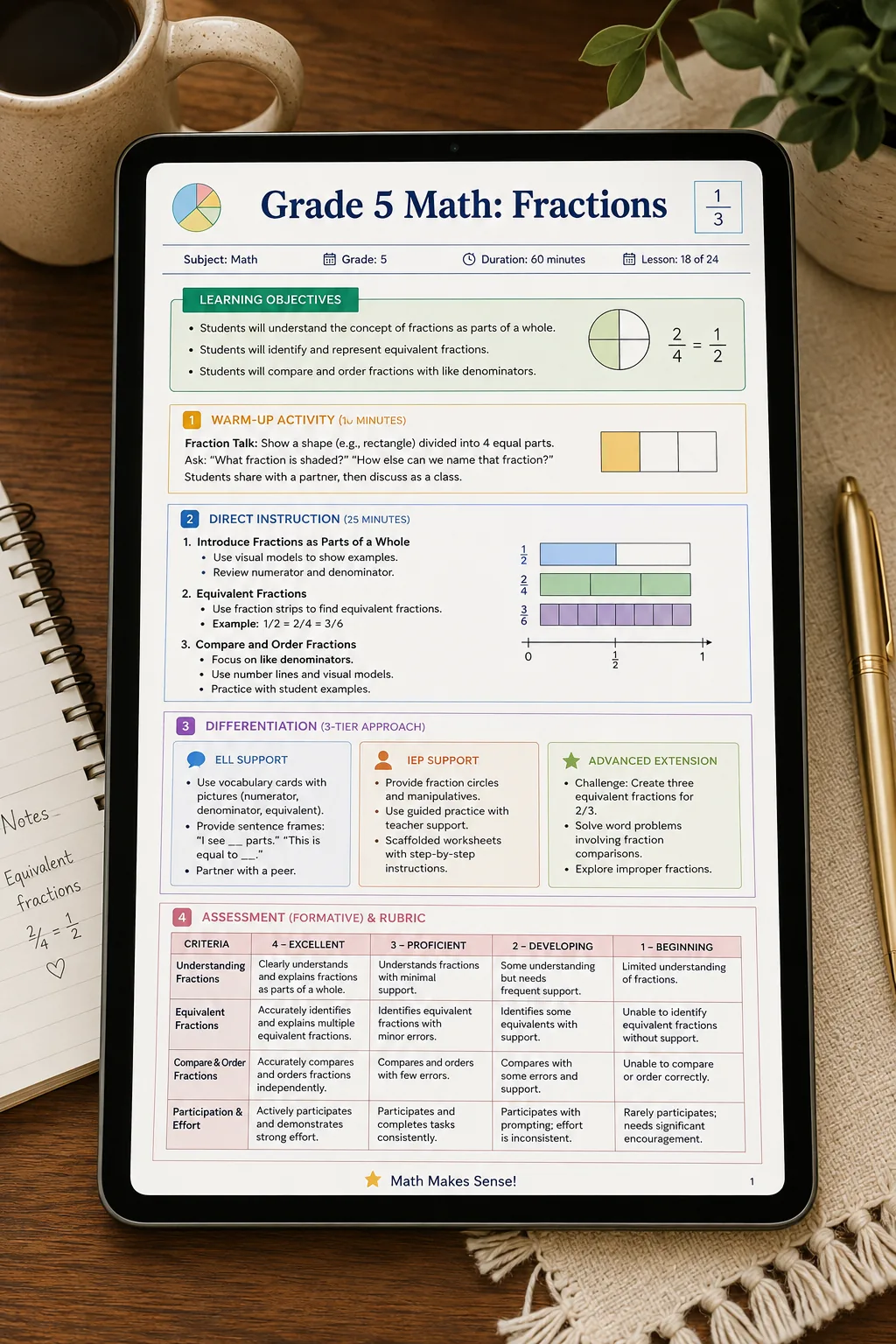 Tablet displaying a finished AI-generated Grade 5 Math lesson plan on fractions, showing learning objectives, a 10-minute warm-up activity, 25 minutes of direct instruction with visual fraction models, 3-tier differentiation for ELL students, IEP support, and advanced extension, and a 4-criteria formative assessment rubric.