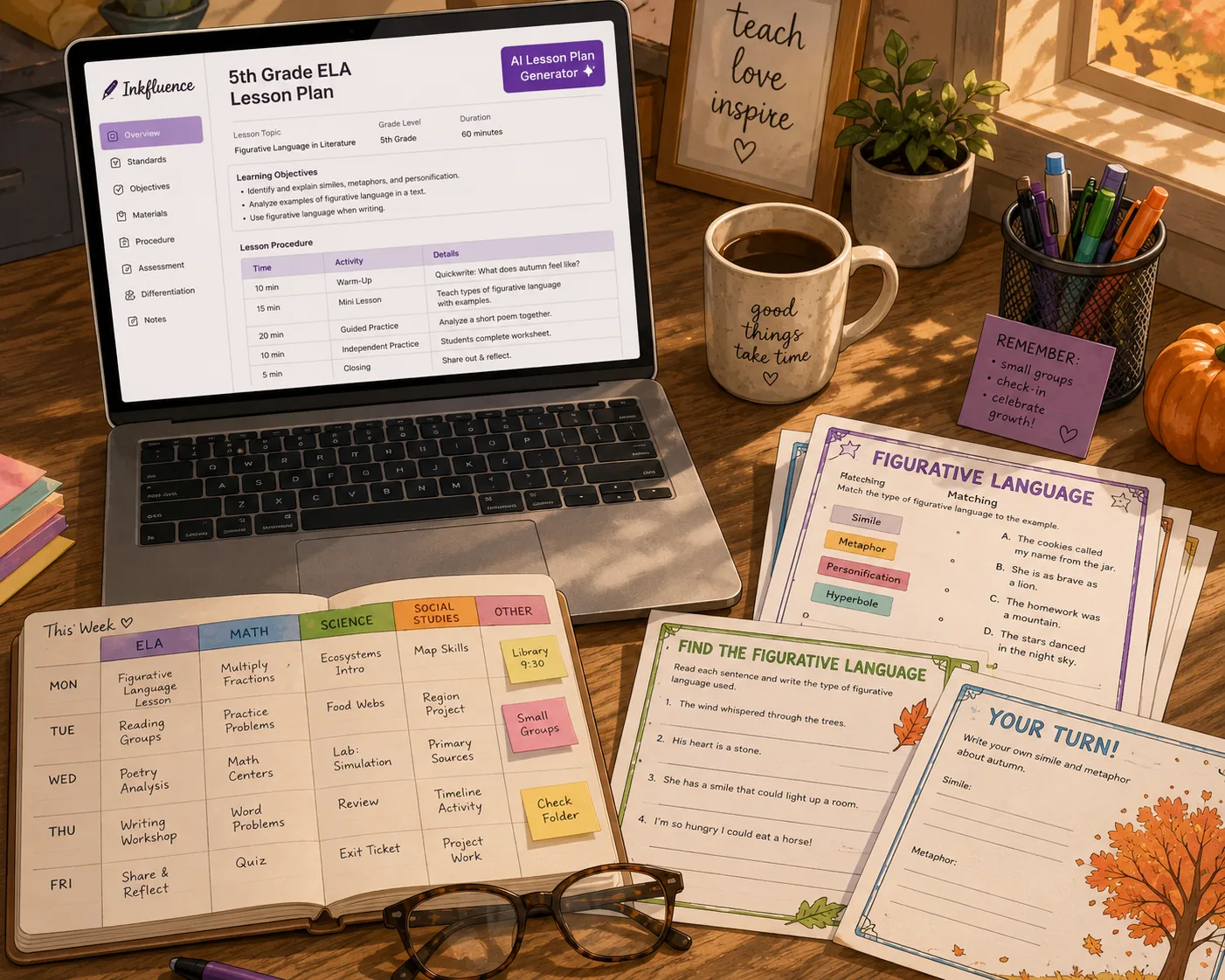 Teacher's prep desk with a laptop displaying a structured AI-generated 5th Grade ELA lesson plan on figurative language, surrounded by matching student worksheets, a weekly subject planner, autumn pumpkin, plants, a coffee mug, and a 'teach love inspire' wall sign.