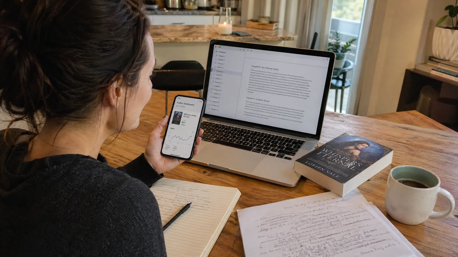 Indie novelist at a wooden kitchen table mid-morning, looking at her phone showing the Amazon KDP author dashboard with a self-published novel listing live, an open laptop beside her displaying a chapter outline editor, a printed paperback novel face-up on the table, and a notebook with handwritten notes, illustrating the AI-novel-to-KDP indie author workflow.