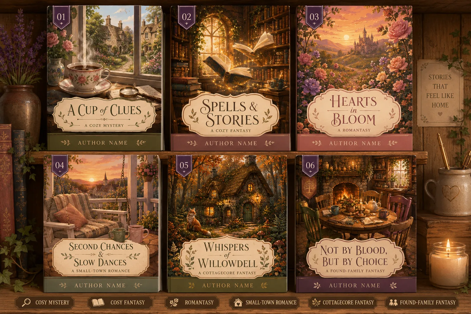 Six finished novel covers generated by Inkfluence AI in cosy KDP subgenres (cozy mystery, cozy fantasy, romantasy, small-town romance, cottagecore fantasy, found-family fantasy), displayed on a wooden bookshelf.