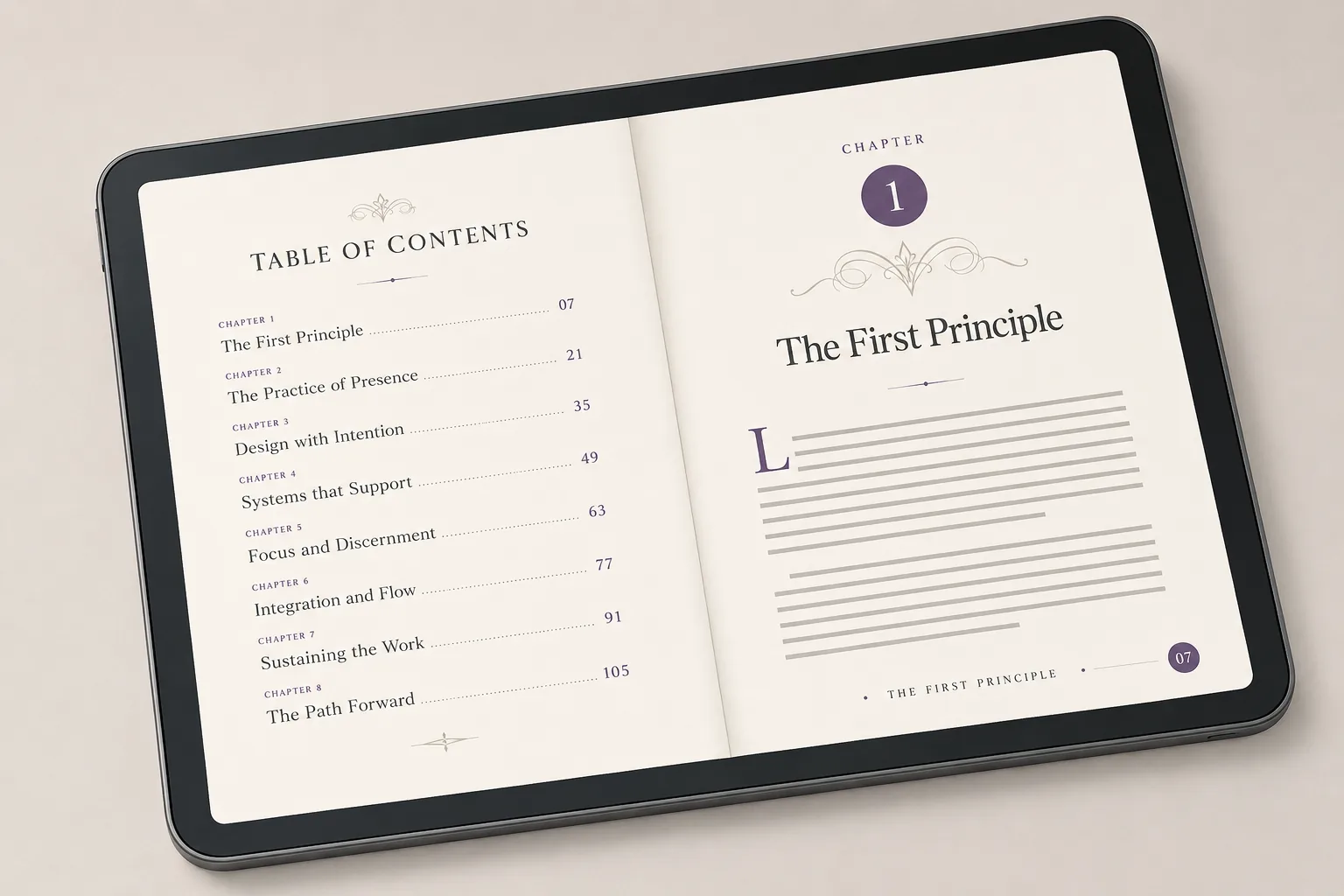 PDF ebook interior spread generated by Inkfluence AI on a tablet, showing an auto-generated Table of Contents with eight chapters and page numbers on the left, and a Chapter 1 opening with title, drop cap, and running footer on the right.