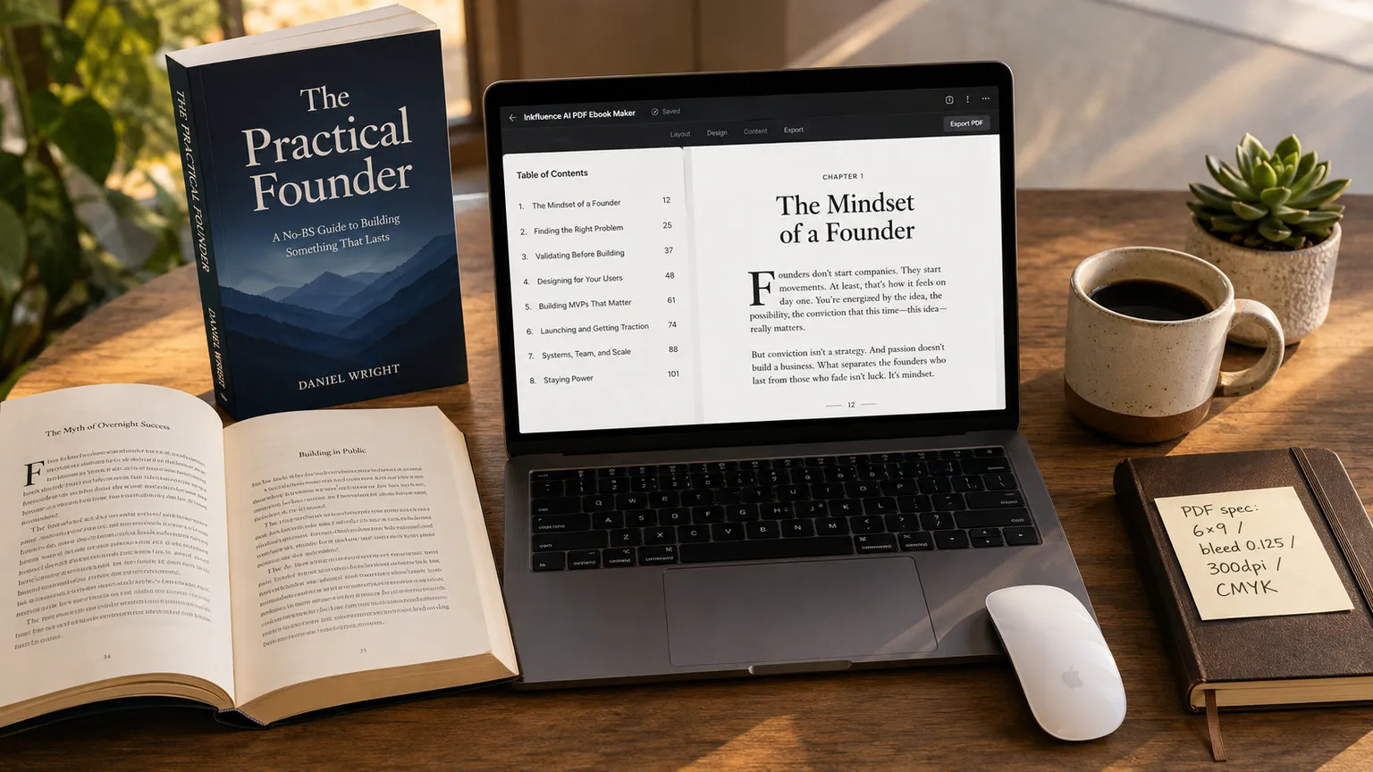 Indie author workspace at golden hour. A finished paperback titled The Practical Founder stands beside an open interior spread showing crisp serif typography and a drop cap. A laptop displays the Inkfluence AI PDF Ebook Maker with a Table of Contents on the left listing eight chapters with page numbers, and Chapter 1 (The Mindset of a Founder) opening on the right with a drop cap, body copy, and page number 12 in the running footer. A leather notebook on the right has a handwritten sticky note: PDF spec 6x9, bleed 0.125, 300dpi, CMYK. Stoneware coffee mug and a small succulent complete the scene.