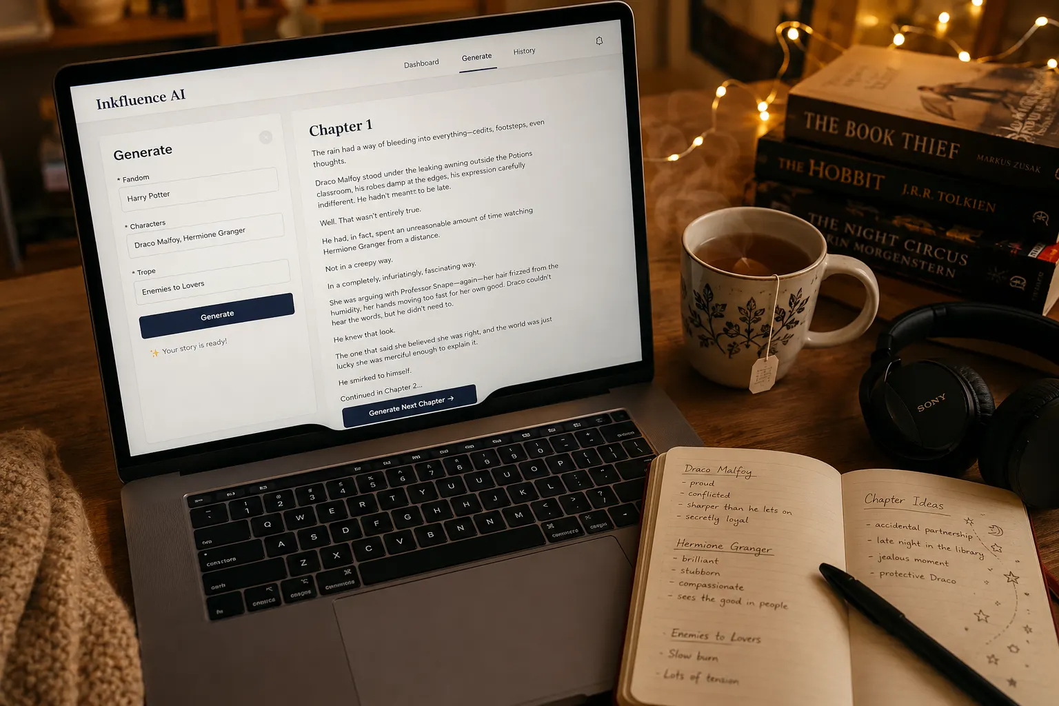A cosy desk in warm light with a laptop showing the Inkfluence AI anime fanfiction generator mid-draft: a Generate panel with genre, characters, and trope on the left and a chapter titled Chapter 1 forming on the right, beside a mug and a stack of manga volumes.