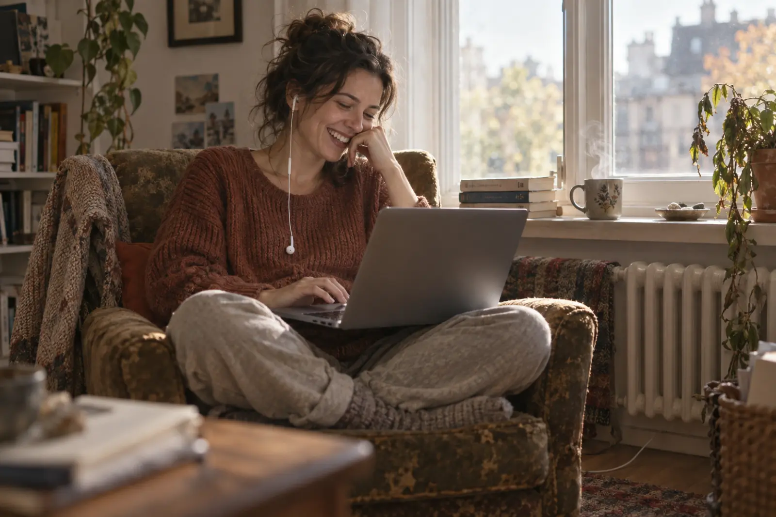 An author sitting in an armchair by a window, laughing as she listens to her own book being narrated on her laptop