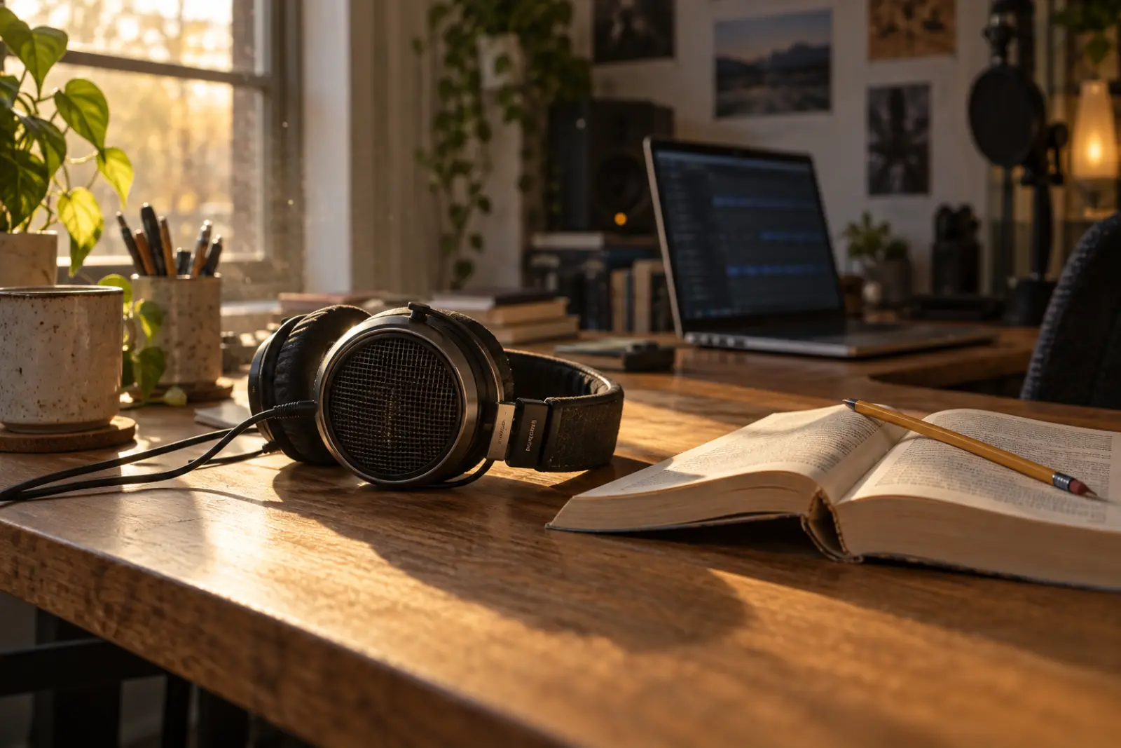 A desk in late afternoon light with open-back headphones, an open book held with a pencil, and a laptop showing an audio editing timeline