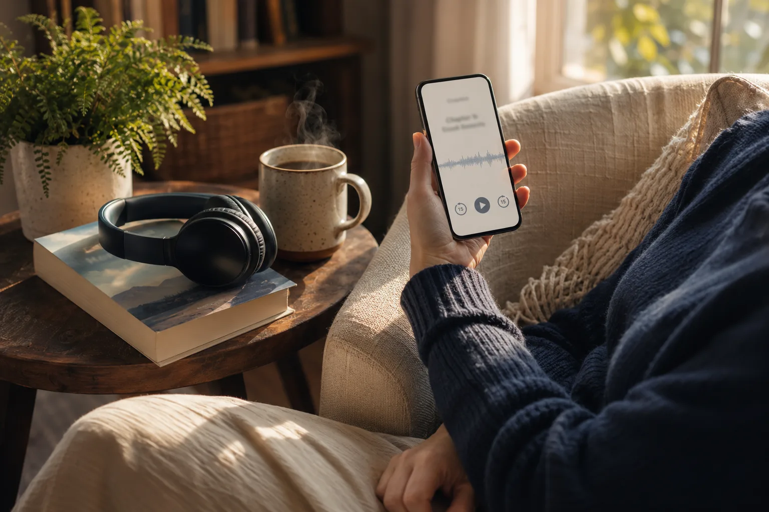 Listener with wireless headphones holding a phone showing an audiobook player beside an open paperback of the same book