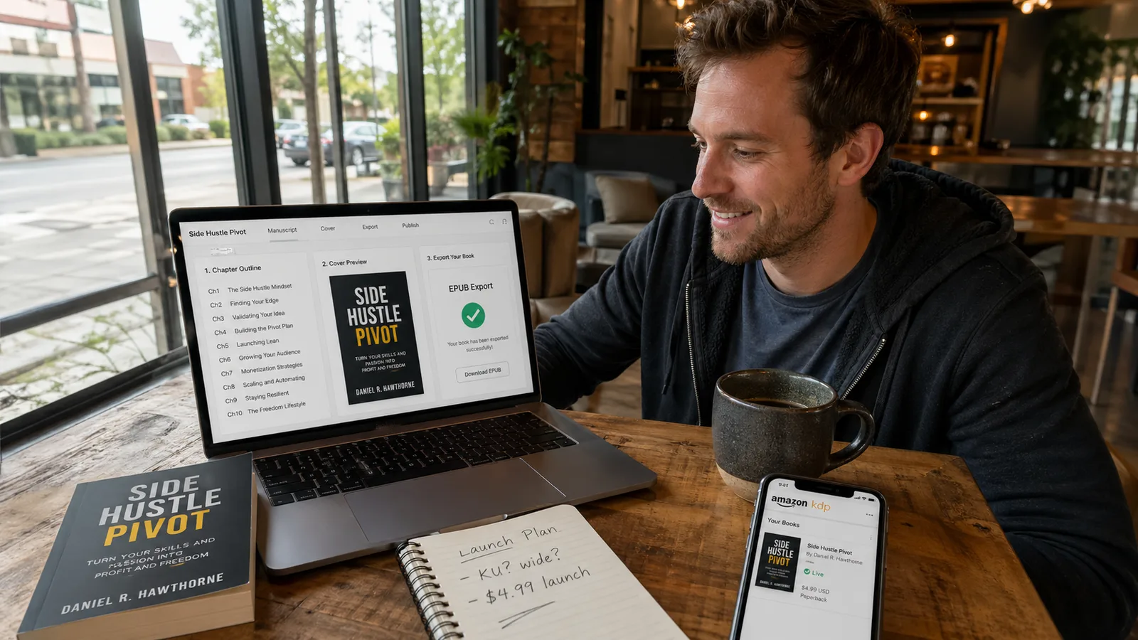 Indie self-publisher in his early 30s at a sunlit coffee shop, laptop open showing a self-publishing dashboard with three panels: a chapter outline on the left, a generated paperback book cover preview titled 'Side Hustle Pivot' in the middle, and an EPUB export confirmation with a green check on the right. A printed paperback proof of the same book sits beside the laptop. His phone shows the Amazon KDP author dashboard with a Live status. Notebook with handwritten launch notes ('KU? wide?', '$4.99 launch'), coffee mug. Real coffee-shop background, candid lifestyle photo, illustrating the indie-self-publisher mid-launch workflow.