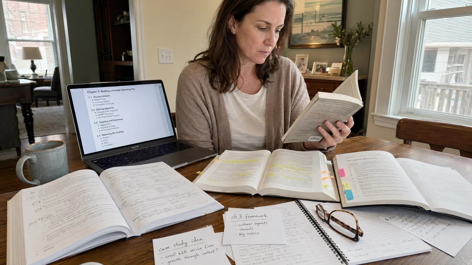 Nonfiction author at a sunlit dining table reviewing several different printed nonfiction books spread in front of her: an open workbook with handwritten exercise answers, a study guide with yellow highlighter streaks and tab markers, a business book with sticky-note tabs and a bullet-point framework, plus a notebook with handwritten notes reading 'ch3 framework' and 'case study idea'. Open laptop beside the books shows a clean chapter outline. She is reading a third book in her left hand. A coffee mug, reading glasses on the notebook, scattered loose pages. Real home dining room background, candid lifestyle moment, illustrating the multi-format nonfiction-writing workflow that this AI book writer comparison was tested against.