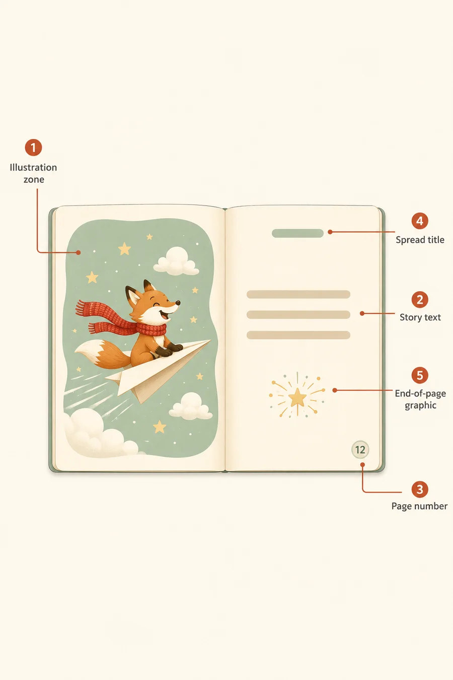 Anatomy of an AI-generated picture book spread showing illustration zone, story text, page number, spread title, and end-of-page graphic