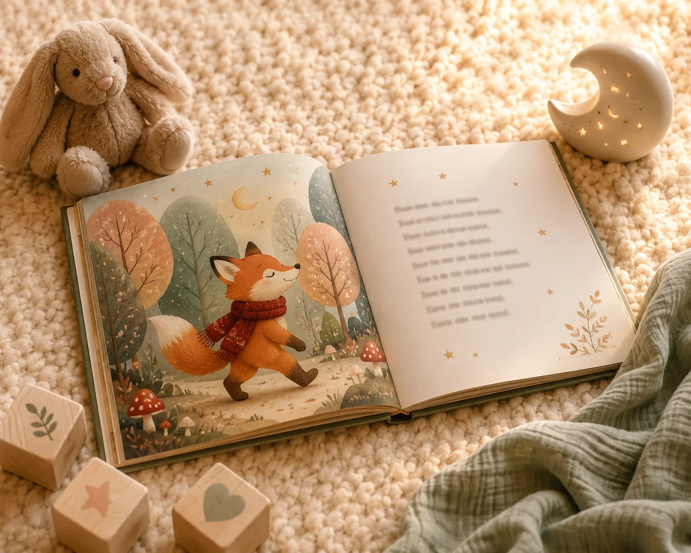 Open AI-illustrated children's picture book on a soft rug beside plush toys and wooden alphabet blocks