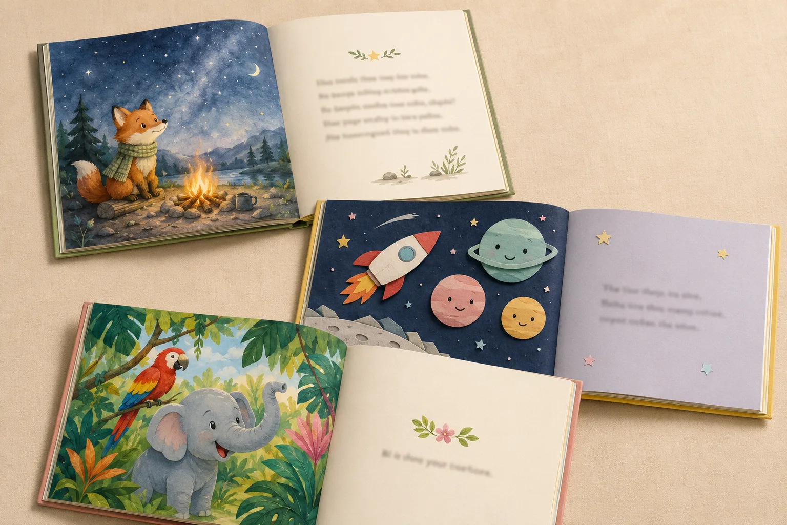 Three AI-illustrated children's book spreads showing different illustration styles - watercolour fox, cut-paper space scene, and gouache jungle