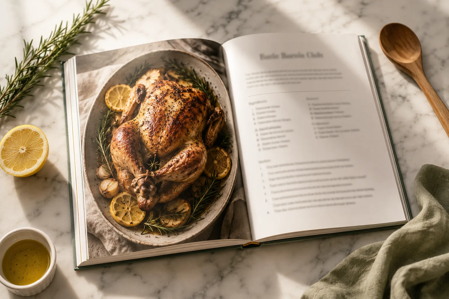 Open AI-generated cookbook on a marble kitchen counter beside fresh rosemary, lemon, and a wooden spoon, showing a roasted chicken recipe spread