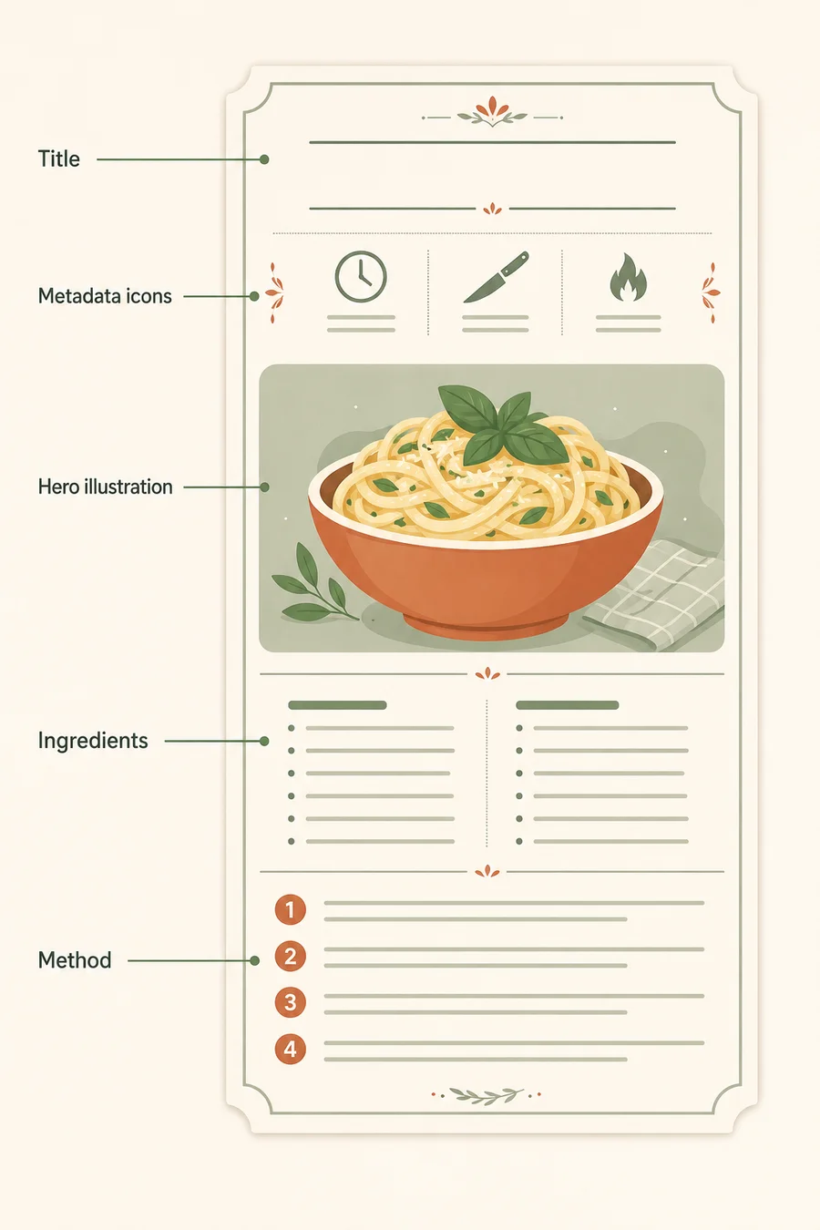 Anatomy of an AI-generated cookbook recipe card showing title, metadata icons (time, knife, flame), hero illustration, ingredients, and method