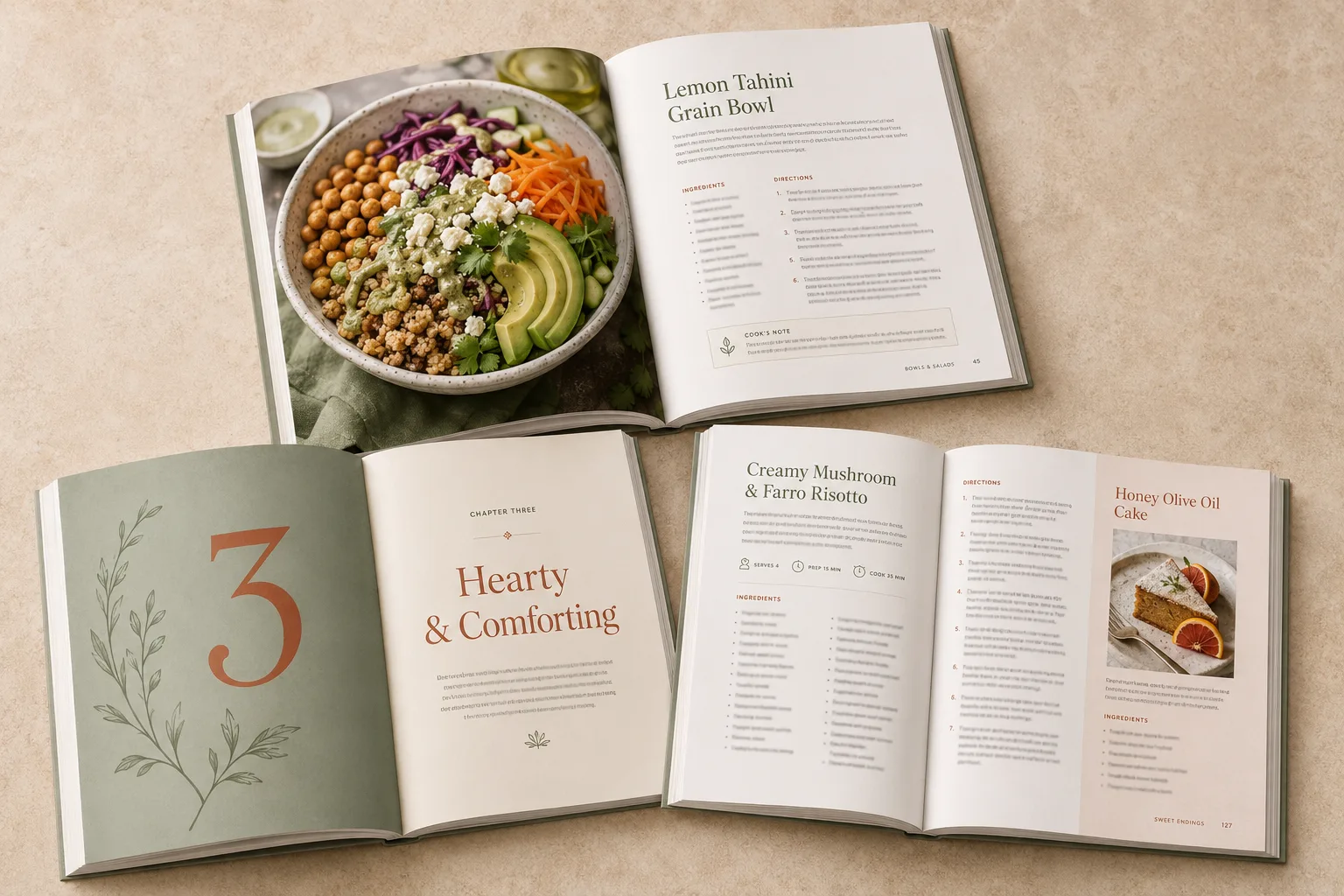Three AI-generated cookbook page spreads - Lemon Tahini Grain Bowl recipe, a chapter-three opener, and Creamy Mushroom and Farro Risotto