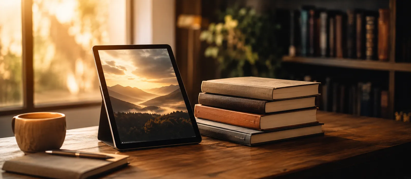 A tablet displaying an ebook beside a stack of finished hardcover books on a warm wooden desk in golden light, representing an idea taken all the way to a published, sellable ebook