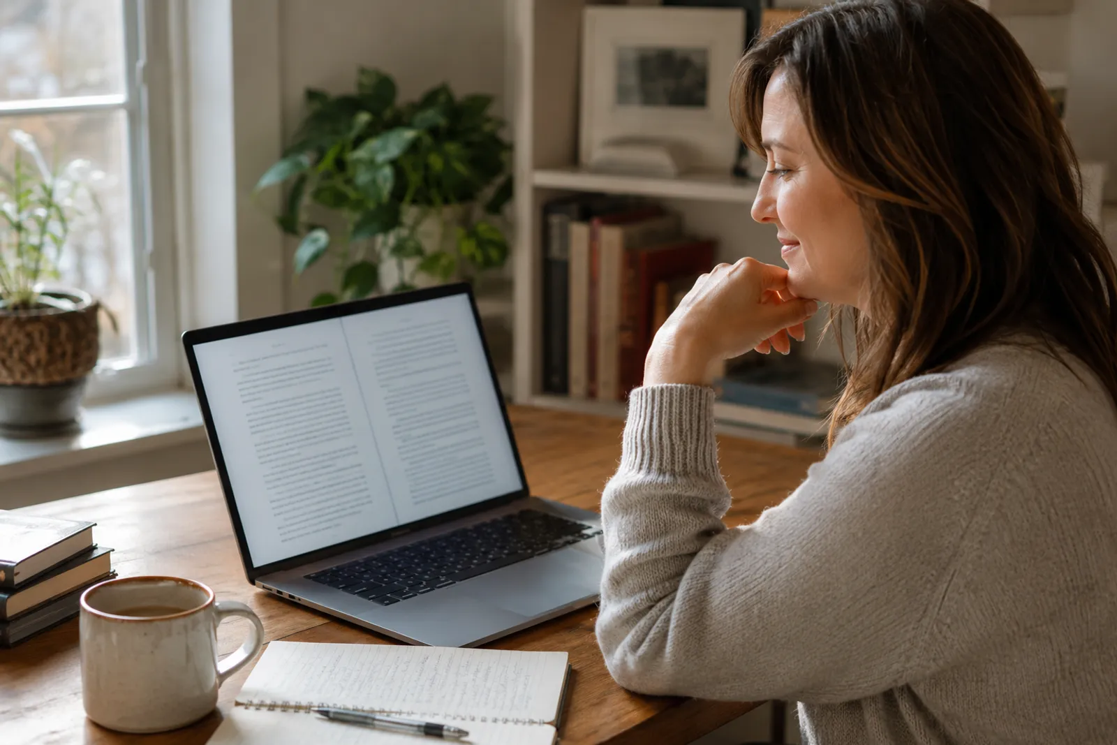 An author at a sunlit desk reviewing a finished ebook on a laptop, a coffee mug and handwritten notebook beside it, showing the result of generating a complete ebook with an AI ebook generator