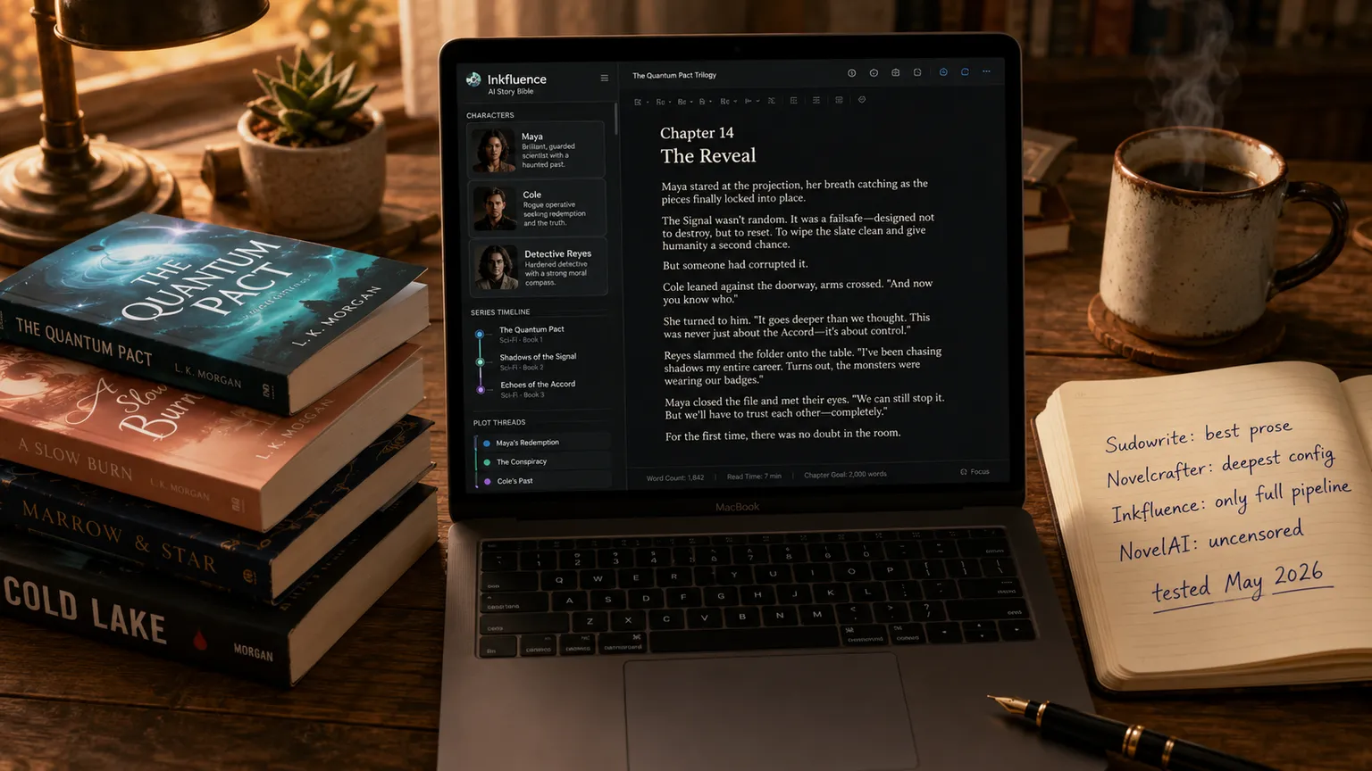 A novelist's working desk at dusk. A 13-inch laptop in dark mode displays the Inkfluence AI Story Bible with three character cards (Maya, Cole, Detective Reyes), a Quantum Pact trilogy series timeline (The Quantum Pact, Shadows of the Signal, Echoes of the Accord), three plot threads, and a Chapter 14 The Reveal draft with prose visible. To the left of the laptop: a stack of four finished paperback novels by L.K. Morgan in different genres: a cyan sci-fi titled The Quantum Pact, a rose gold romance titled A Slow Burn, a midnight blue fantasy titled Marrow and Star, and a matte black thriller titled Cold Lake. To the right of the laptop: an open Moleskine notebook with handwritten test notes in indigo ink: Sudowrite best prose, Novelcrafter deepest config, Inkfluence only full pipeline, NovelAI uncensored, tested May 2026. A stoneware coffee mug with rising steam, a fountain pen, a small succulent in a clay pot, and a warm desk lamp glow complete the indie author workspace.