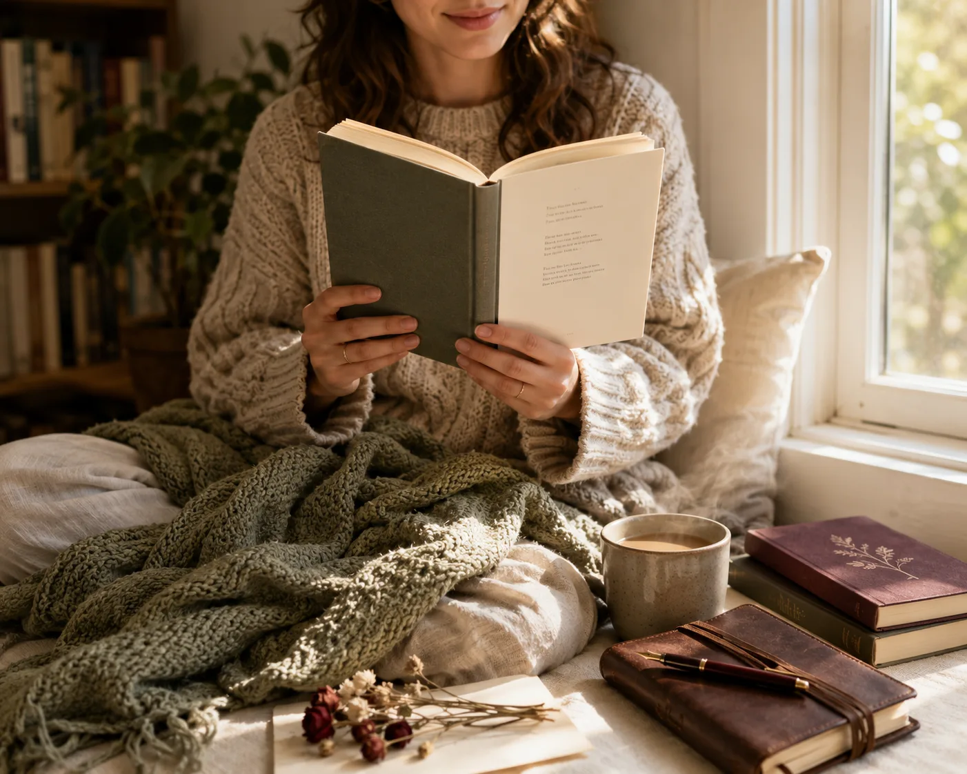 Reader on a sunlit window seat holding an open poetry collection beside a mug of tea, leather journal, and dried wildflowers