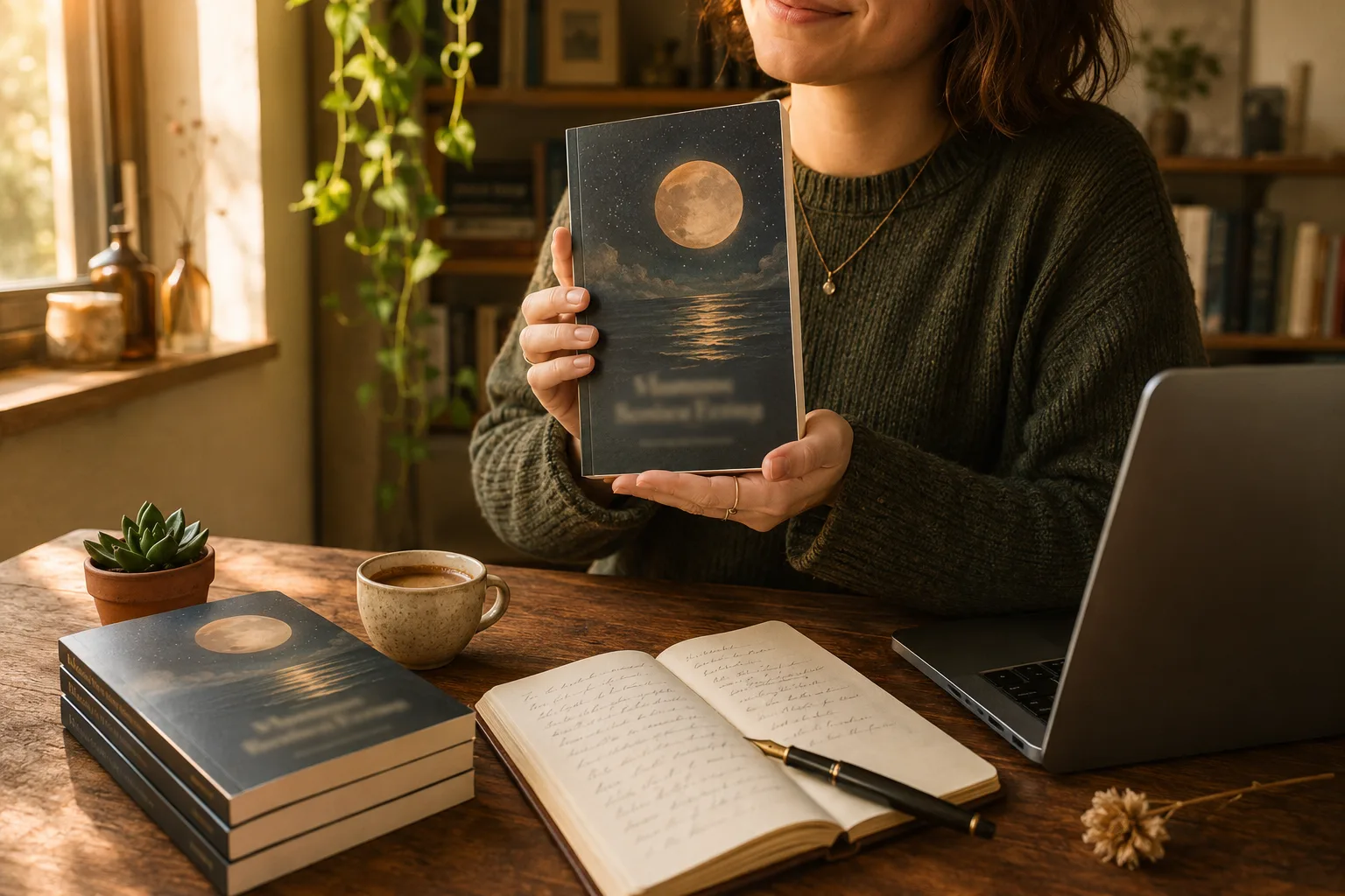 Indie poet at a writing desk holding up their freshly printed paperback poetry collection beside three more author copies