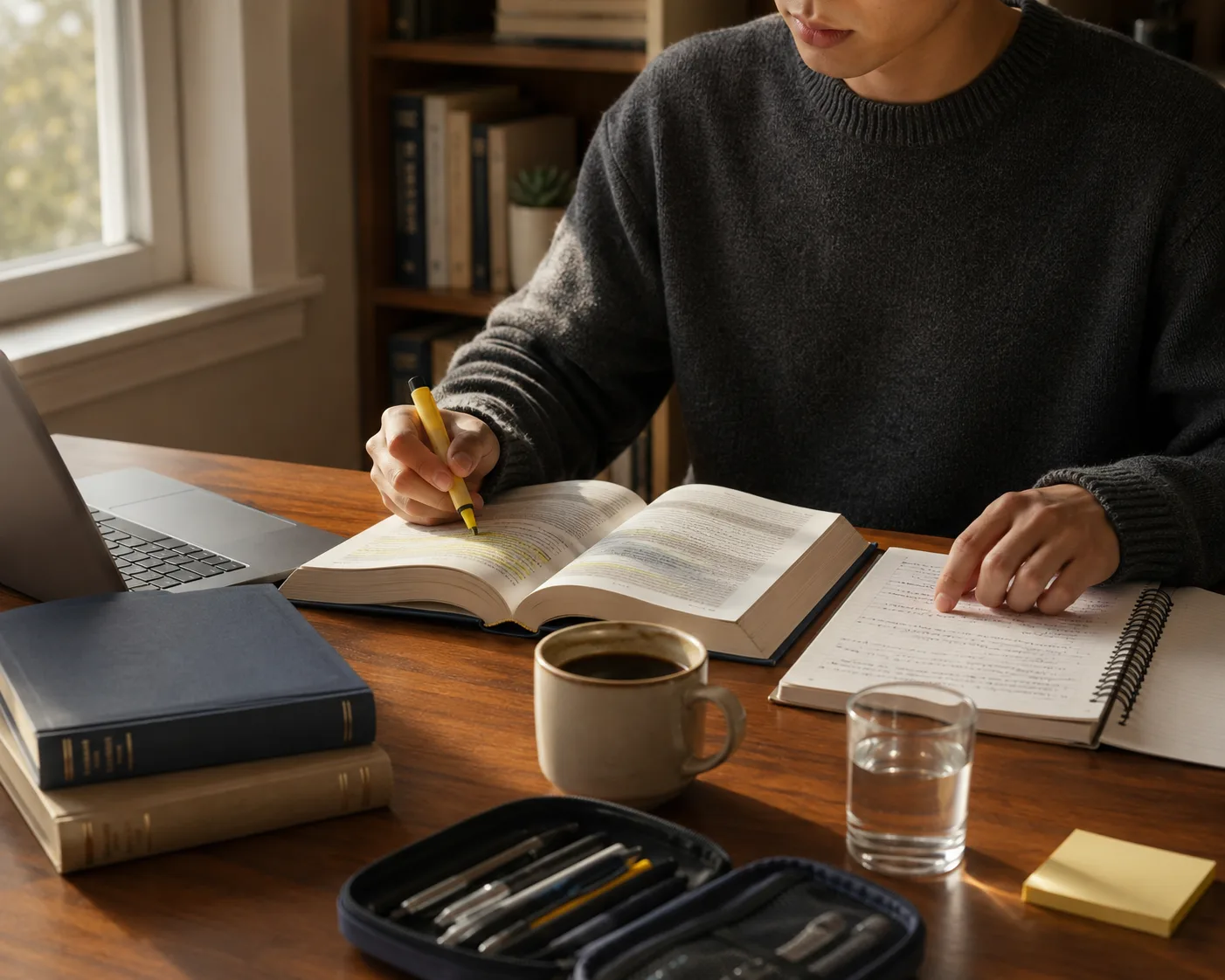 Student at a sunlit desk with an open textbook, highlighter, laptop, and notebook full of handwritten notes
