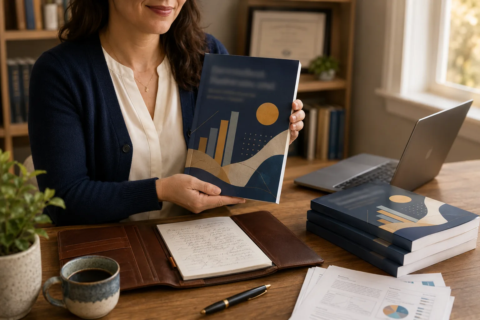 Educator at a desk holding up their freshly printed paperback textbook beside a laptop and stacked author copies