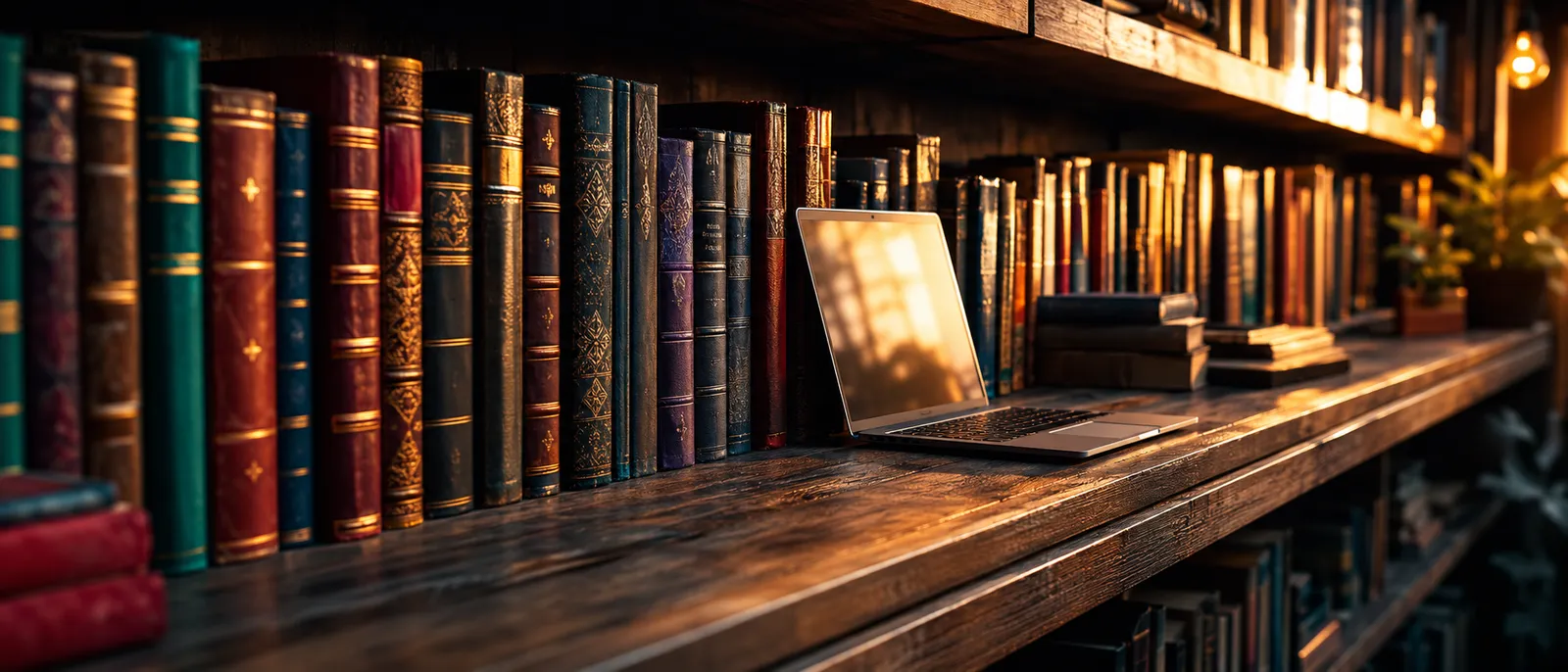 A shelf of leather-bound finished novels beside a laptop in golden light, representing a completed AI-written novel taken from first draft to published book